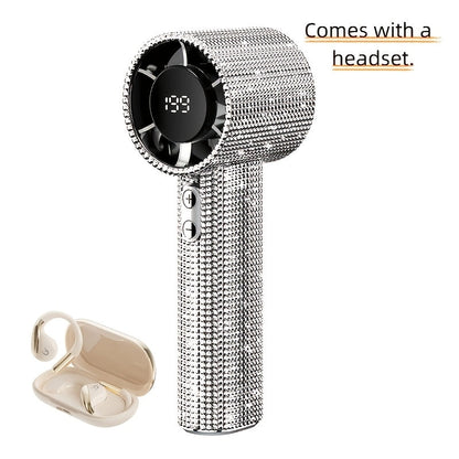 Rhinestone Handheld Fan with USB-C Charging, Digital Display, 199 Levels and Optional Beige Headset