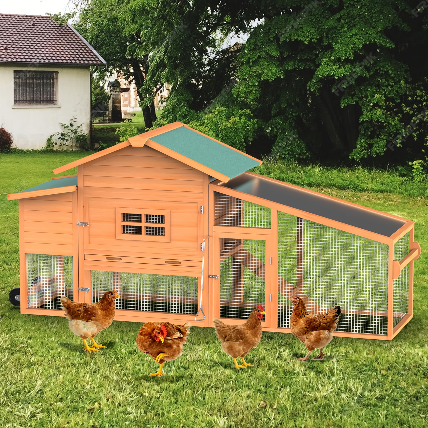 Chicken Coop on Wheels with Nesting Box & Removable Tray | Portable Wooden Hen House for 3-4 Hens with Expandable Run, Wood or Sunshine Board Roof
