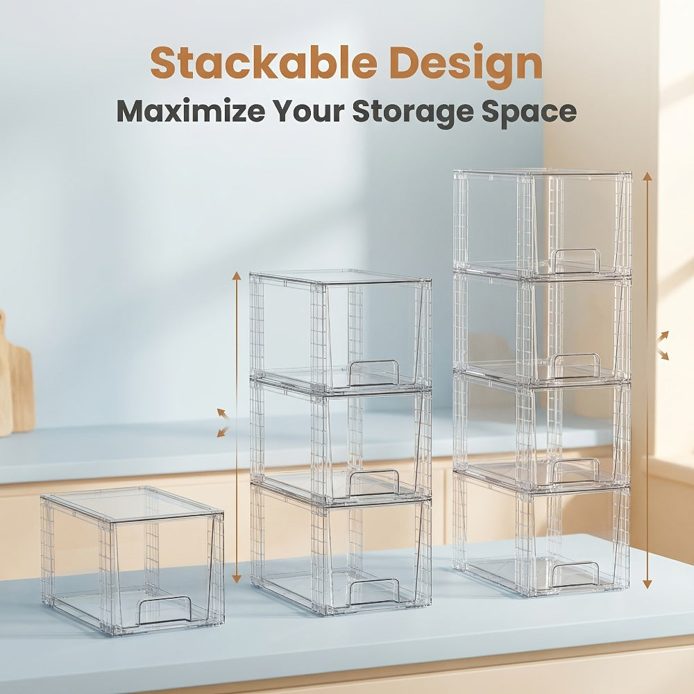Acrylic Bin Food Storage Organizer with Stackable Lids, 12-Inch Size and Two- to Eight-Pack Options