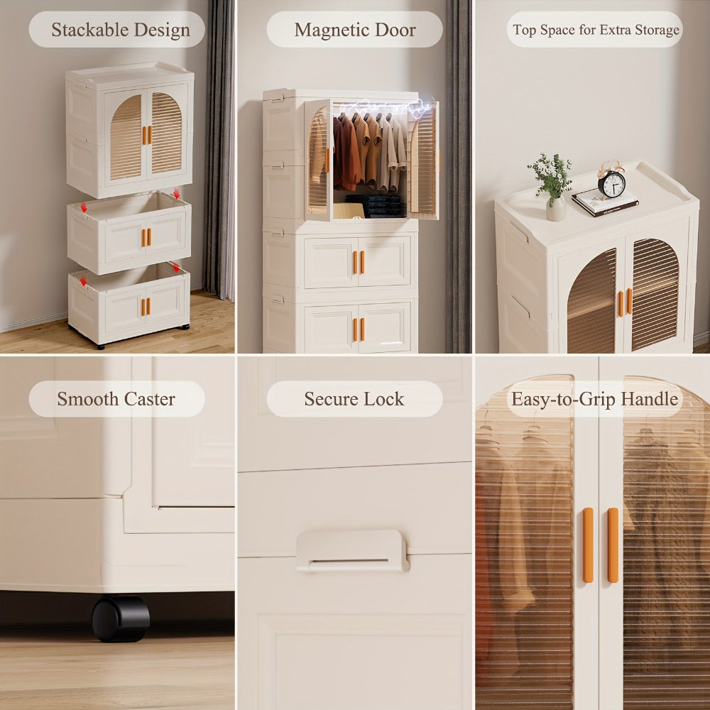 Portable Folding Wardrobe Cabinet with Caster Wheels, Hanging Section and Two Exact Layer Options