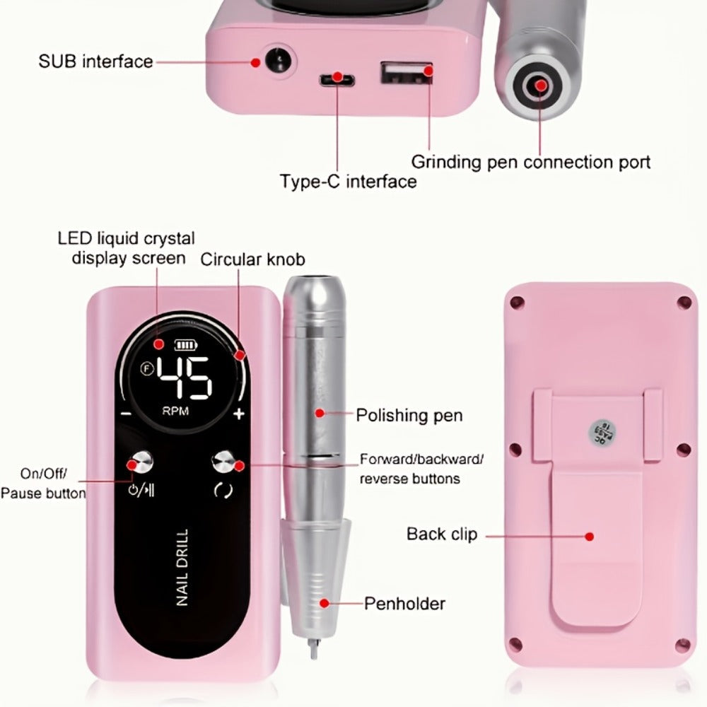 Nail Drill 45000 RPM LCD Display Adjustable Speed Cordless Electric Nail File Low Noise Manicure Machine Buffing Polishing Tool Set for Salon Home Women Nail Techs Pink White Purple