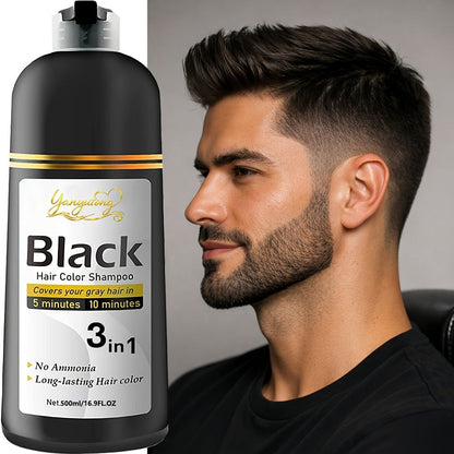 Black Hair Dye Shampoo for Men & Women 500ml — Natural Plant Pigments, Fast Gray Coverage for Hair & Beard, Gentle Scalp-Safe Formula, No Mix No Ammonia, Long-Lasting Color, 16.9 fl oz