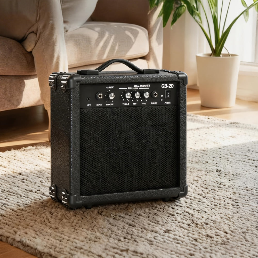 20W Electric Bass Guitar Amplifier with 6.5-Inch Speaker, Volume Treble Bass Middle Controls, Headphone Output Jack, AUX Input for MP3, Portable Practice Amp for Beginner & Home Studio Use