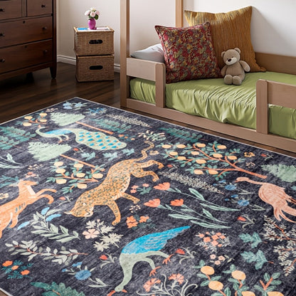 Area Rug 8x10 Ft Soft Non-Slip Machine Washable Large Floor Rug with Floral Forest Animal Patterns for Living Room Bedroom Home Decor – Durable Easy Clean Indoor Carpet