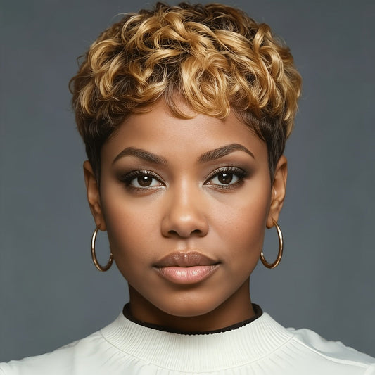 Synthetic Wig 4-Inch Mixed Blonde Curly Pixie with Bangs and Beginner-Friendly Rose Net Cap
