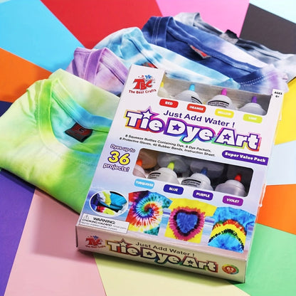 Tie-Dye Craft Kit with Eight Squeeze Bottles, Dye Packets, 40 Rubber Bands, Gloves and Instruction Sheet