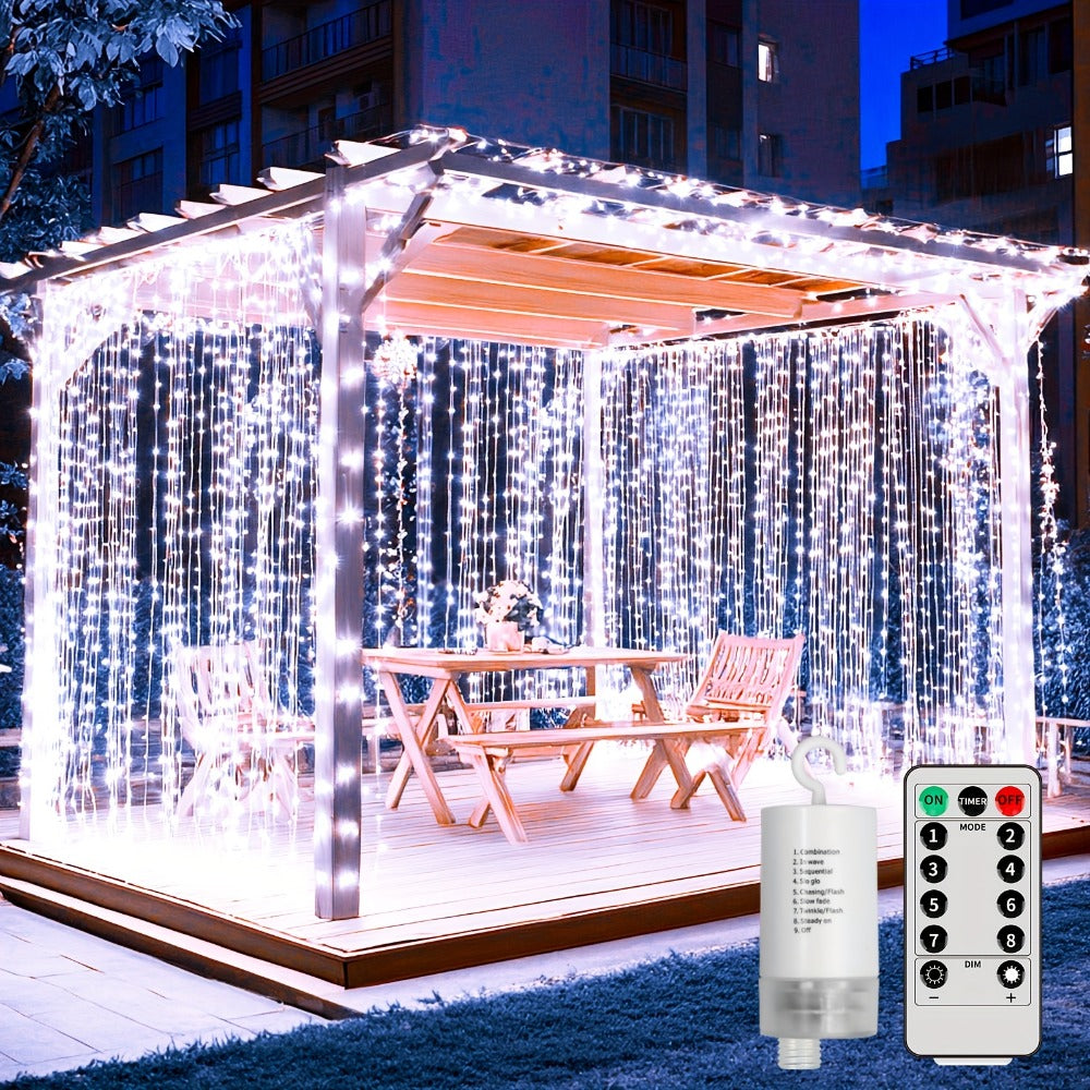 String Lights, 330-LED Waterfall Curtain Panel with Battery Power, Remote, Eight Modes and Three Colors