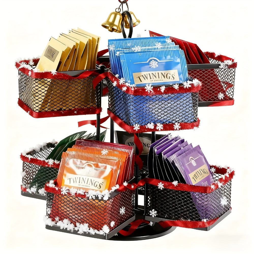 Eight-Basket Rotating Tea Bag Organizer with Black Mesh Carousel, 9.4-Inch Height and 4.5-Inch Base