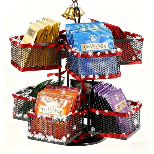 Tea Bag Organizer 360-Degree Spinning Carousel with 8 Compartments – Lazy Susan Tea Bag Holder Display Rack for Kitchen Counter Coffee Bar Home Office – Black