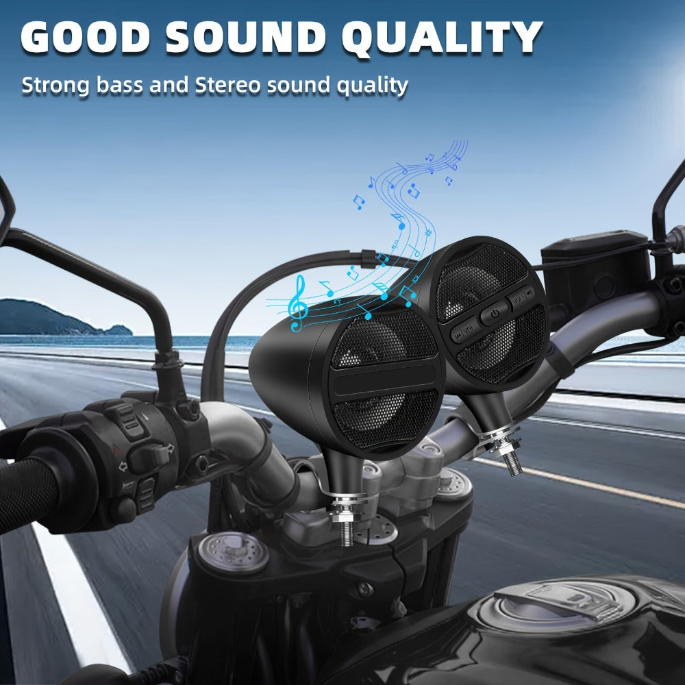 Motorcycle Handlebar Speaker 12V Stereo Audio System with MP3 USB FM Radio Handlebar Mount for Off-Road Dirt Bike ATV Cruiser Waterproof Music Player Black