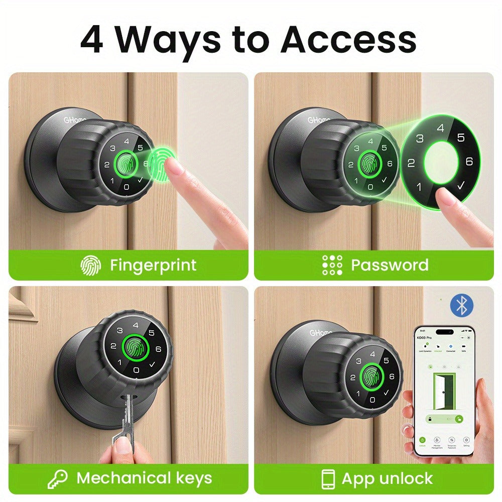 GHome KD03 PRO Smart Door Knob 4-in-1 with USB-C Charging & Gateway Remote - Fingerprint, Keypad & App, Anti-Peep, Tamper Alarm, Emergency Power, Keyless Entry, Black
