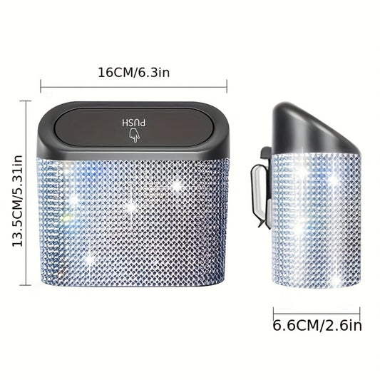 Car Trash Can with Lid & Rhinestone Bling – Hanging Leakproof Auto Garbage Bin with 2 Trash Bags, Concealed Interior Storage for Vehicle Door, Seat Back, Home & Office (3pcs Set)