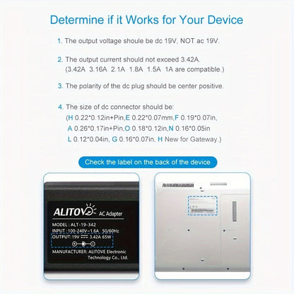 Fixed 19V 3.42A 65W Power Adapter with No-Tip or Nine-Tip Connector Configuration and US Cord