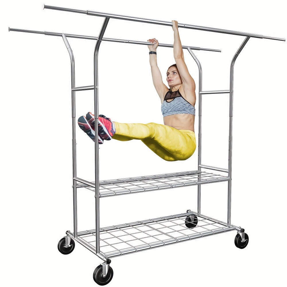 Double-Rod Rolling Garment Rack with Telescoping Extensions, Two Wire Shelves and 74.6-Inch Width