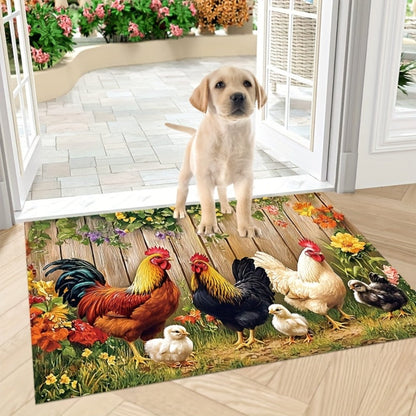 Rooster Farmhouse Kitchen Rugs in Round, Runner and 1- to 4-Piece Mat Set Size Options for Floors