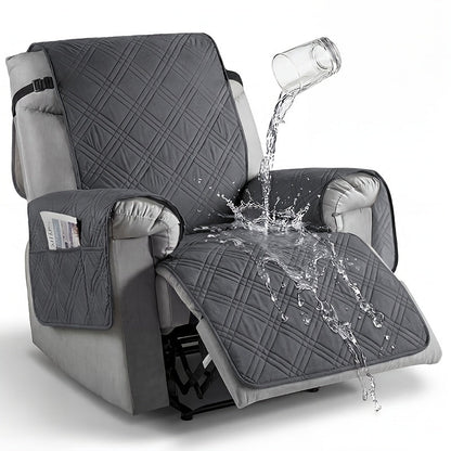 Quilted One-Piece Recliner Chair Cover with Side Pocket, Back Strap and Six Solid Color Options