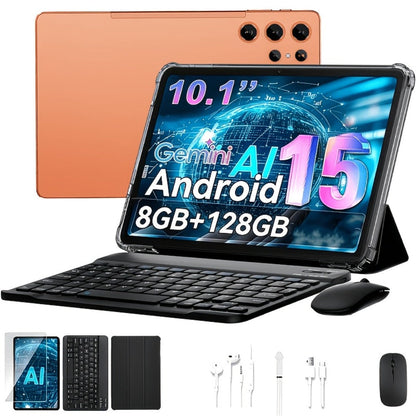 Android Tablet 10.1-Inch with Android 15, 8GB RAM, 128GB Internal Storage and Keyboard Case Bundle