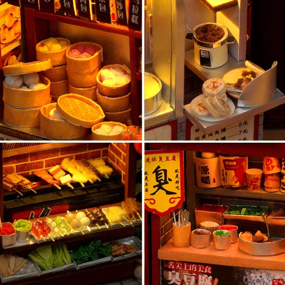Chinese Food Street Book Nook Kit with LED-Lit Miniature Shops, Sliding Dust Cover and Wooden Shelf Insert