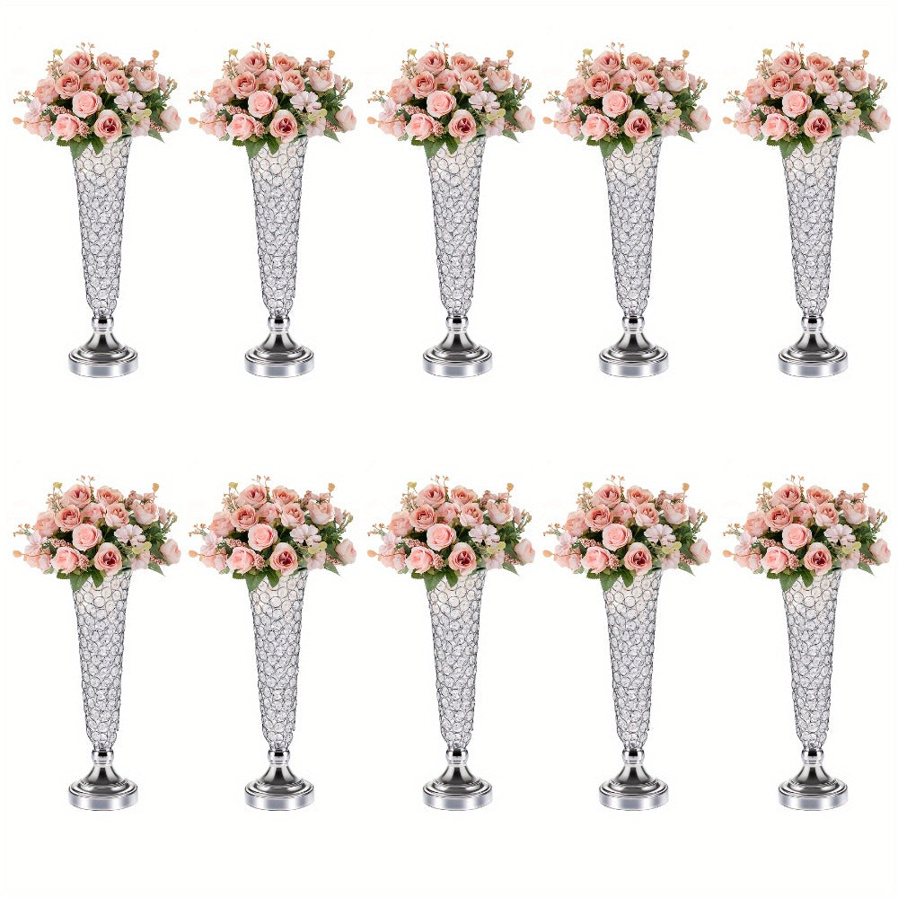 Crystal-Style Trumpet Decorative Vase Set in Gold or Silver and Two- or Ten-Piece Options for Home and Everyday Use