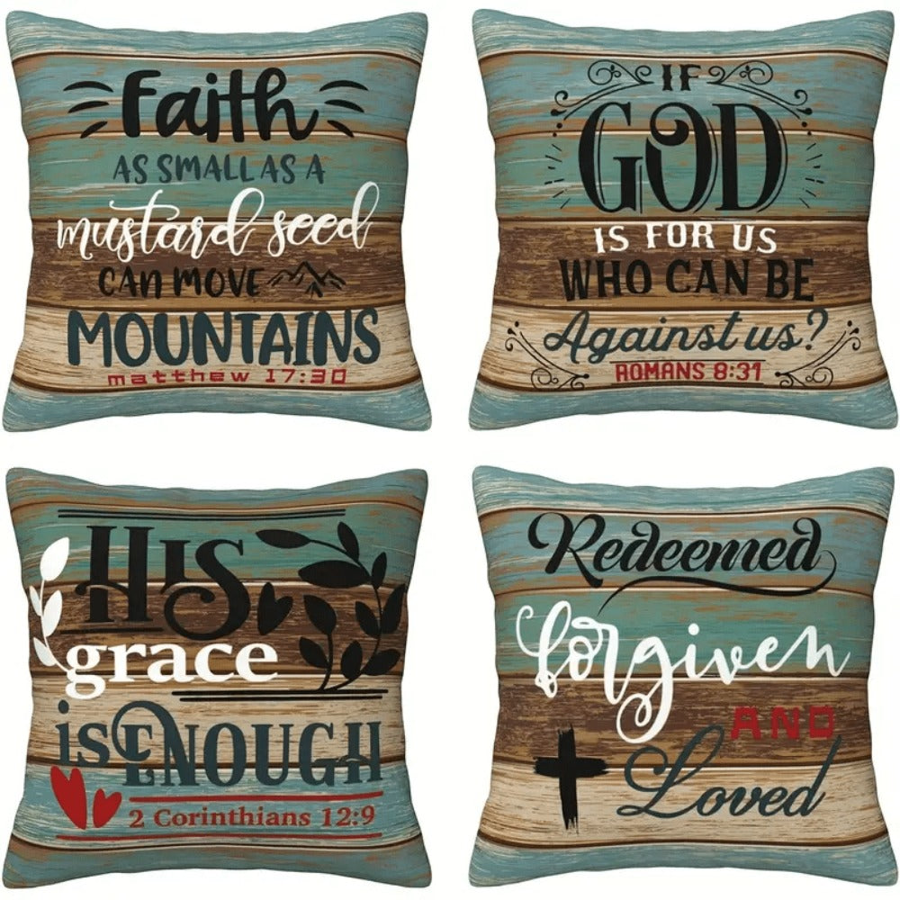 Scripture Quote Throw Pillow Covers, Four-Piece 18 x 18-Inch Linen-Labeled Set with Hidden Zippers