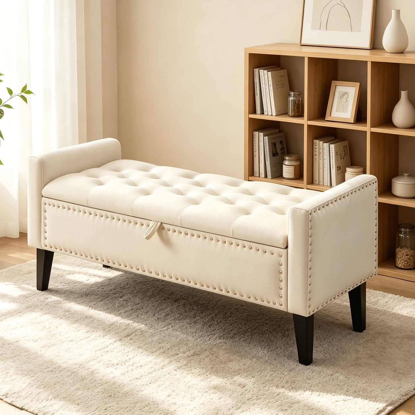 Storage Ottoman shown in the Beige option