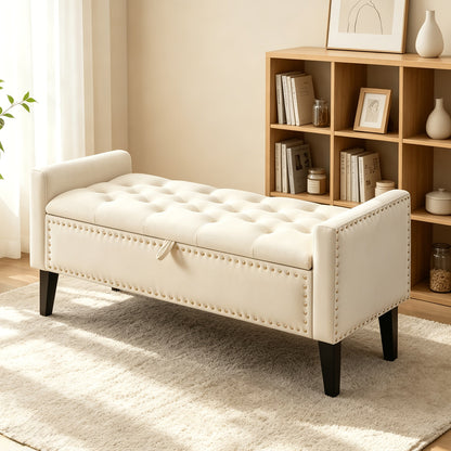 Storage Ottoman shown in the Beige option