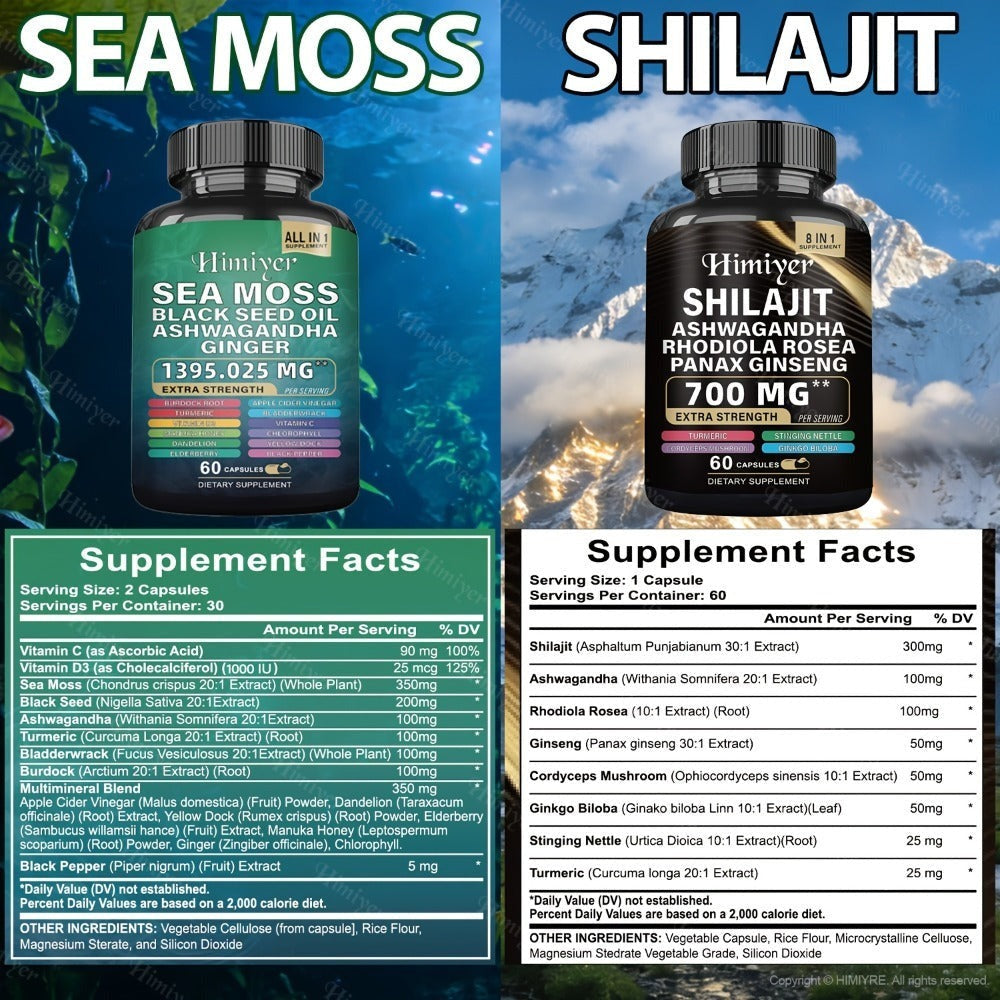 Sea Moss & Shilajit Bundle 6 Bottles – Sea Moss 350mg, Shilajit 300mg & Ashwagandha 200mg | 3-Month Herbal Supplement Kit for Energy, Vitality & Immune Support | All-in-One Wellness Value Pack
