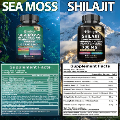 Sea Moss & Shilajit Bundle 6 Bottles – Sea Moss 350mg, Shilajit 300mg & Ashwagandha 200mg | 3-Month Herbal Supplement Kit for Energy, Vitality & Immune Support | All-in-One Wellness Value Pack