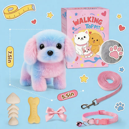 Walking Barking Electric Plush Puppy Toy That Walks Wags Tail & Barks, Realistic Interactive Pet Dog with Leash Bone Bow Tie