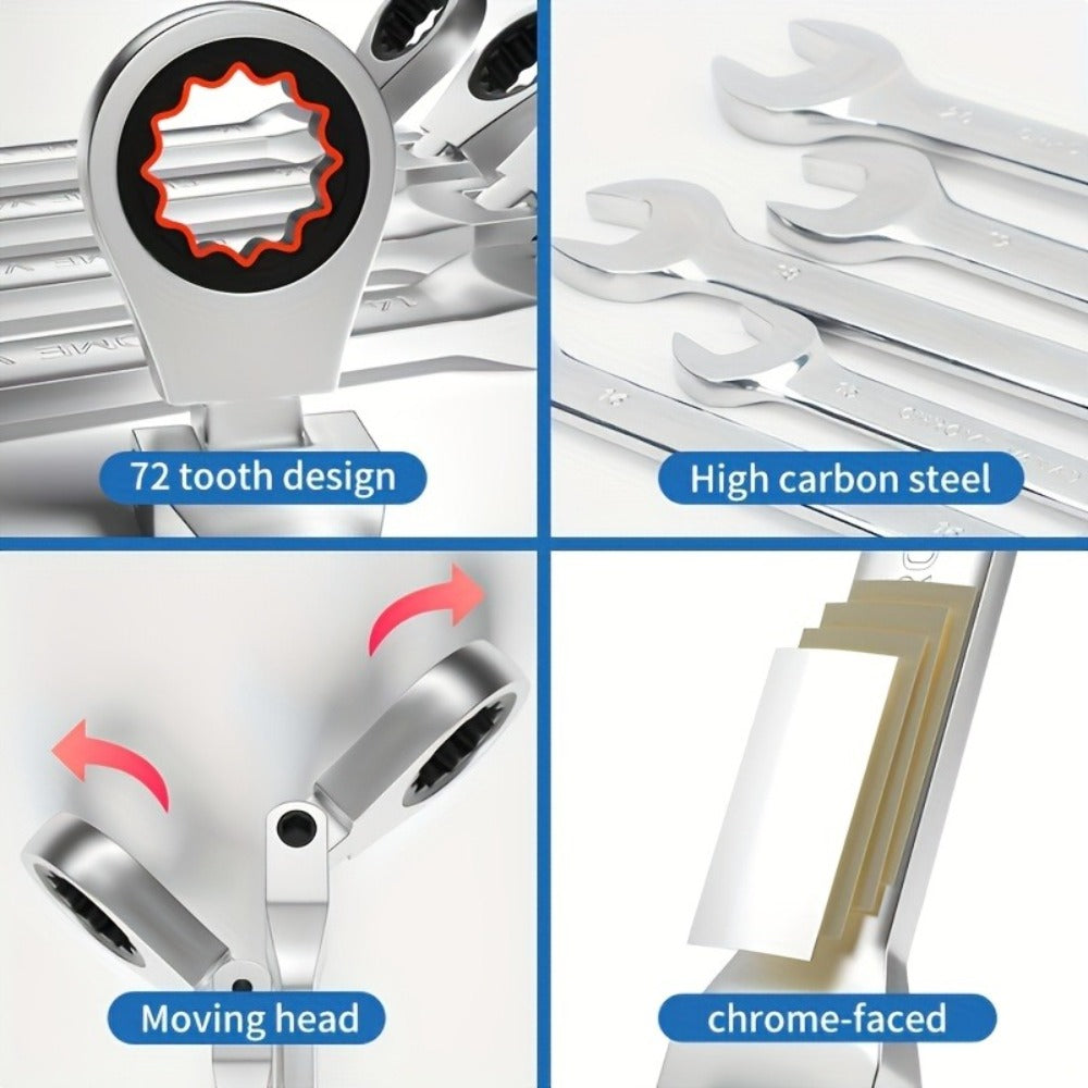 Six-Piece Metric Double-Ended Ratcheting Wrench Set with Flexible Heads, 6–10 mm Sizes and Roll Pouch