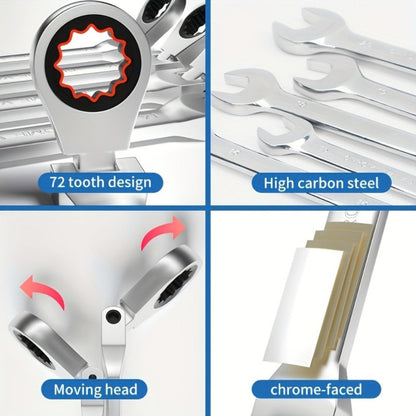 Six-Piece Metric Double-Ended Ratcheting Wrench Set with Flexible Heads, 6–10 mm Sizes and Roll Pouch