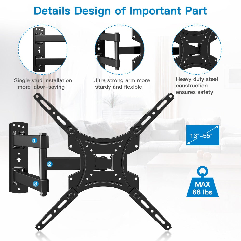 Black Full-Motion TV Wall Mount with 26-55 or 26-60 Inch Options and VESA up to 400 x 400mm