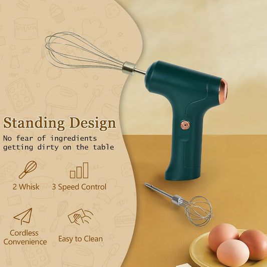 Electric Hand Mixer Cordless USB Rechargeable | 304 Stainless Steel Whisk 3-Speed Settings | Portable Handheld Mixer with 2 Detachable Whisks for Kitchen Baking Cake Cream