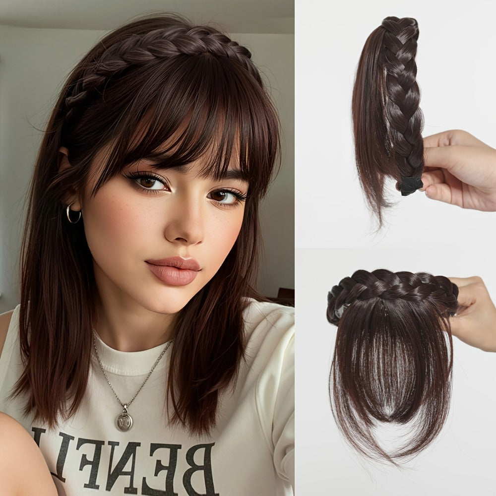 Headband Hair Extension with Bangs Synthetic — Women's Clip-On Fringe, 4 Colors: Black, Reddish Brown, Light Brown, Khaki, 4 Inch, Cosplay, Halloween & Party