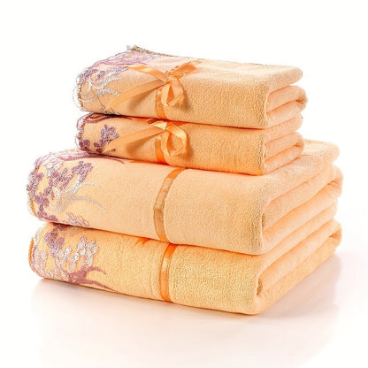 Towel Set 4-Piece 350GSM Lace Embroidery Bath and Hand Towels in Four Elegant Colors for Home and Guest Use