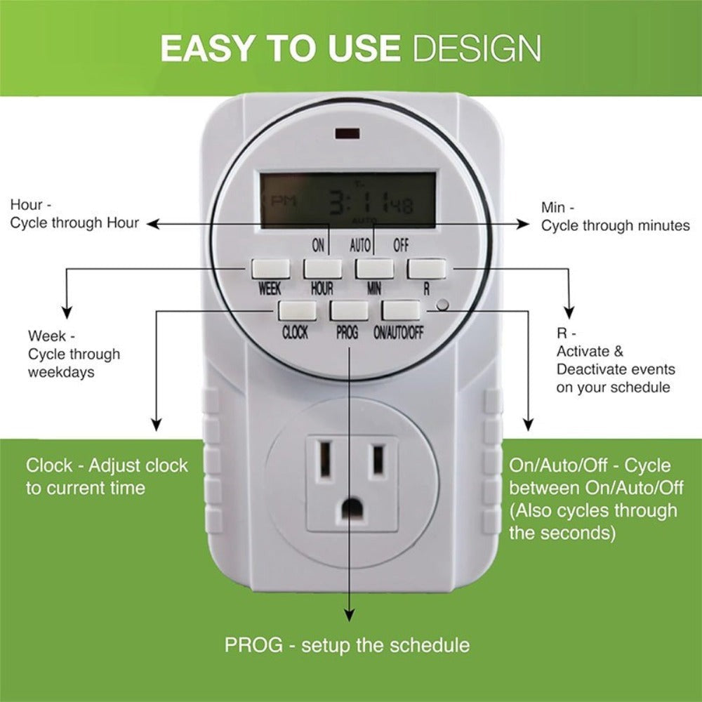7-Day Heavy Duty Digital Programmable Timer with Dual Outlet - 24 Hour Indoor Electric Timer for Hydroponics, Lamp, Light, Fan, 120V 60Hz, Two Outlet Weekly Scheduling Timer Switch
