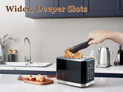 Black Two-Slice Toaster with LED Touch Panel, Six Bread Modes, Six Shade Settings and Removable Crumb Tray