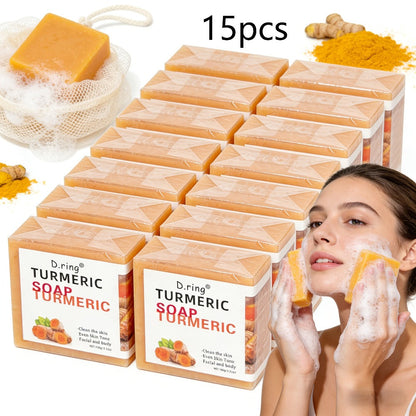 Kojic Acid Brightening Soap Bars 15-Pack — Turmeric Lemon Natural Face & Body Cleanser, Cold Processed Paraben-Free Formula, Gentle Exfoliation for All Skin Types, Bulk Value Set