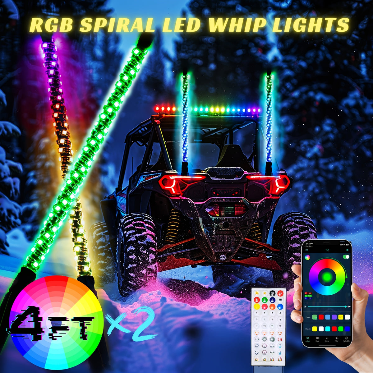 RGB LED Whip Lights for UTV ATV – 1ft/2ft/3ft/4ft Spiral Color Changing Neon Light Whips with Remote & App Control, Music Sync, for RZR SXS Dune Buggy Off-Road Truck (2pcs, No Spring Base)