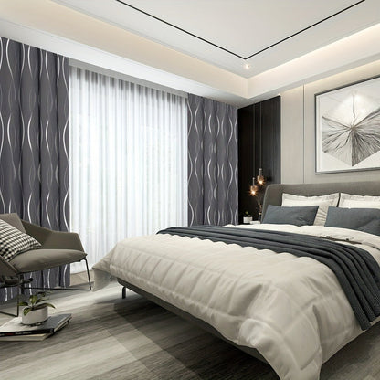 Two-Panel Wave-Line Foil Print Blackout Curtains in 10 Colors with 42- or 52-Inch Width Options