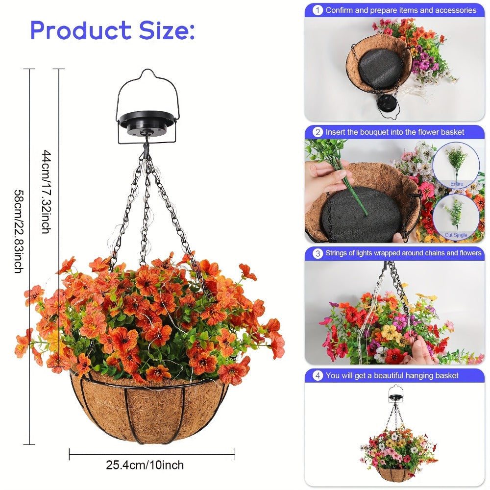 Solar Hanging Flower Basket with RGB String Lights, 10 Inch Artificial Flowers, Dusk-to-Dawn Auto On