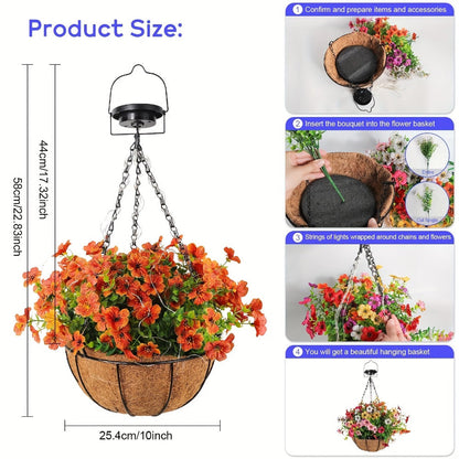 Solar Hanging Flower Basket with RGB String Lights, 10 Inch Artificial Flowers, Dusk-to-Dawn Auto On
