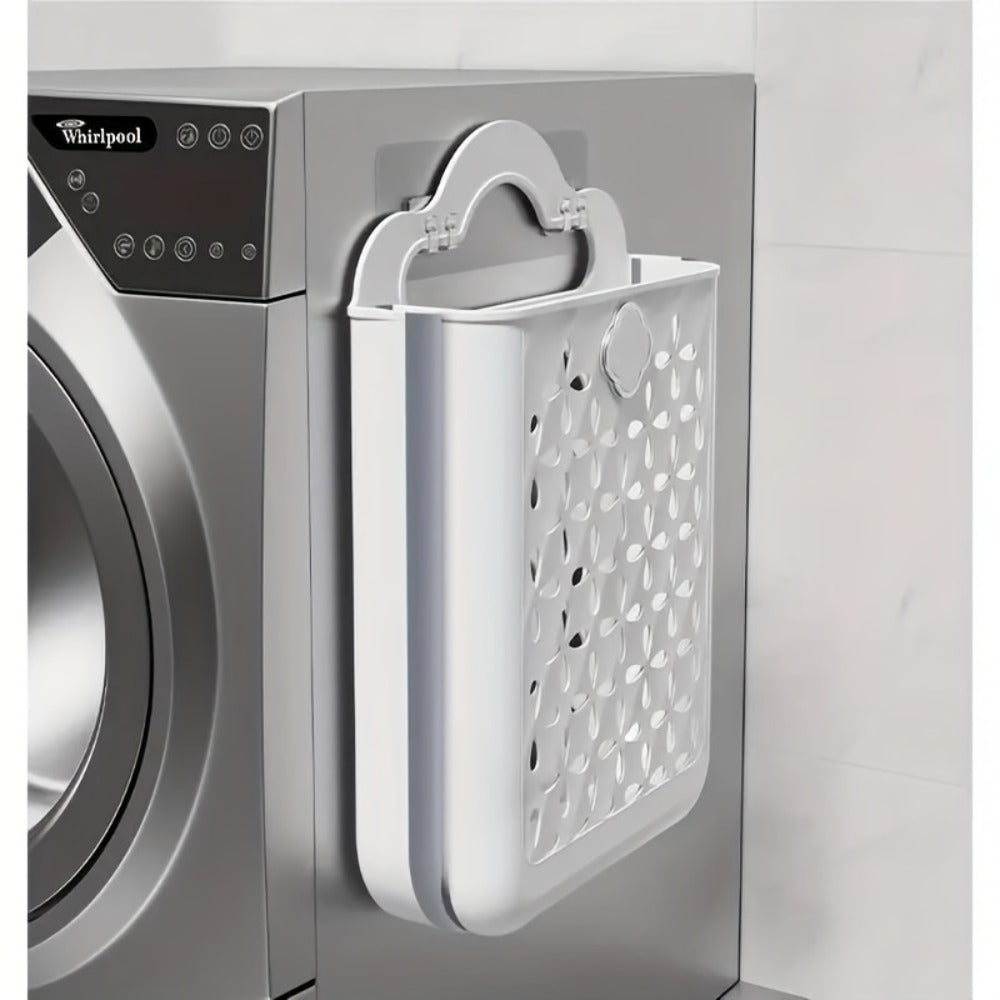Foldable Laundry Basket Wall Mounted – No-Drill Plastic Storage Bin with Cutout Design for Clothes, Toys, Snacks & Fruits – Space-Saving Collapsible Organizer for Bathroom, Balcony & Bedroom