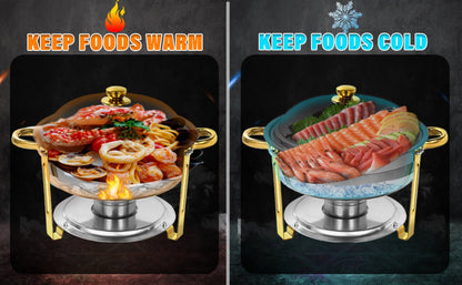 Golden Chafing Dish Buffet Set with Glass Lid 6QT Round Stainless Steel Food Warmer Chafer for Catering Party Dinners Weddings