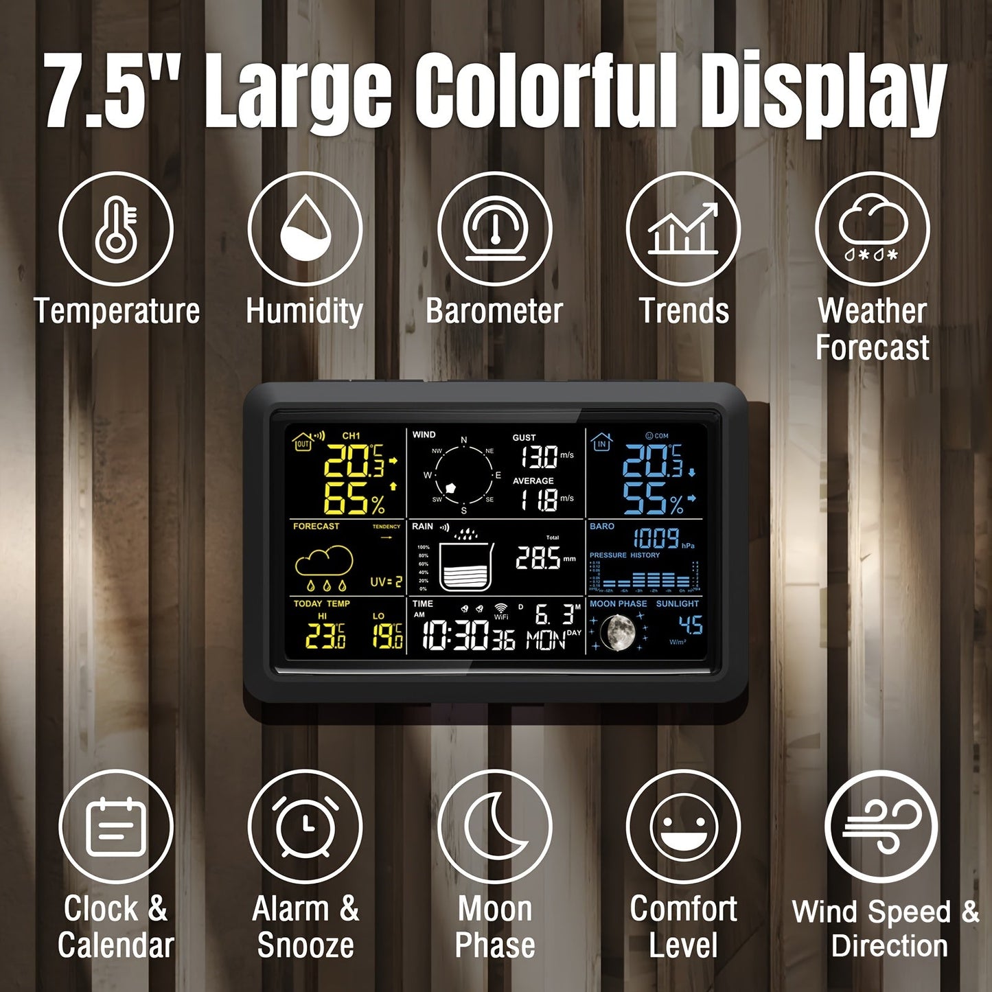 7-in-1 WiFi Weather Station with 7.5-Inch Color Display, Rain Collector, Wind Sensors and Tuya App