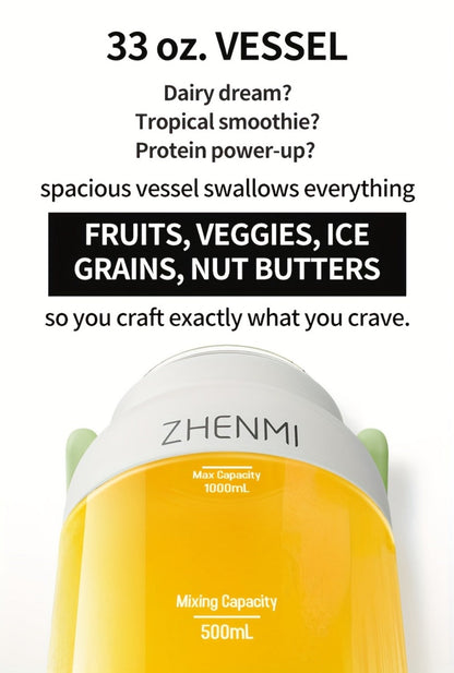 Cordless Portable Blender 33oz USB Rechargeable - Ice Crushing Blender for Smoothies & Shakes