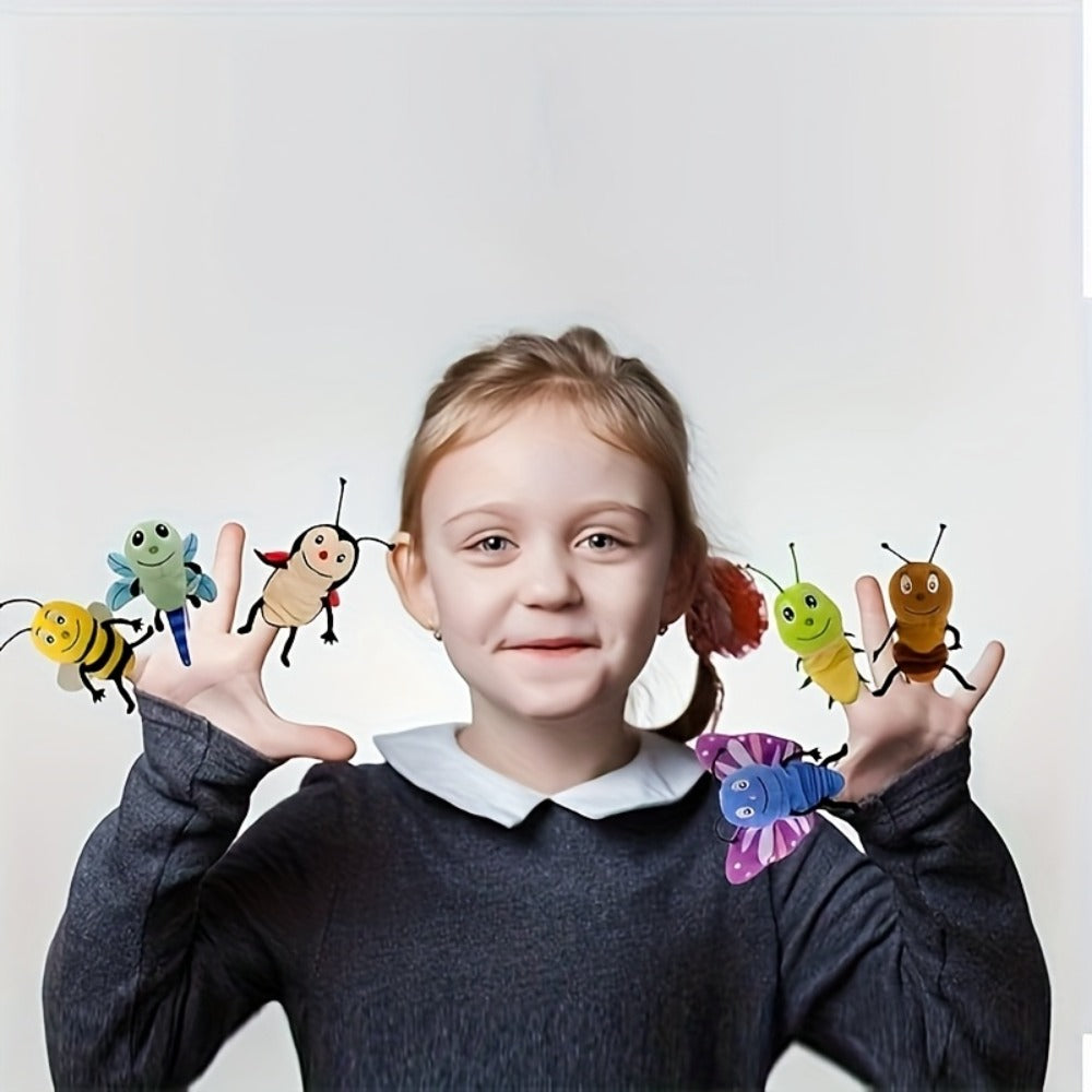 Six-Piece Insect Finger Puppet Set with Six Colorful Bug Designs for Storytelling and Pretend Play