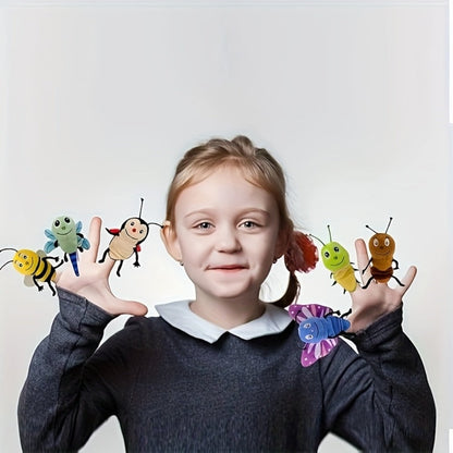 Six-Piece Insect Finger Puppet Set with Six Colorful Bug Designs for Storytelling and Pretend Play