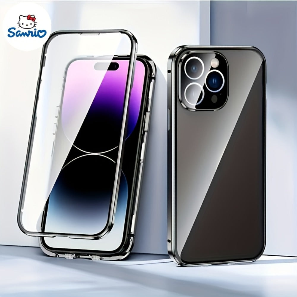 Phone Case Privacy Tempered Glass Cover with Aluminum Frame, Magnetic Snap Lock and Wireless Charging Support