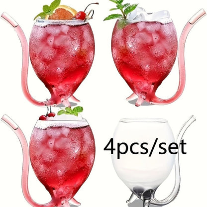 Four-Piece Novelty Tail-Straw Drinking Glass Set with 12-Ounce Capacity and 4.7-Inch Cup Height
